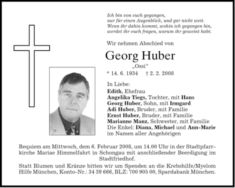  Traueranzeige für Georg Huber vom 04.02.2008 aus MERKUR & TZ