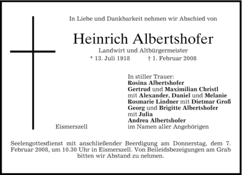  Traueranzeige für Heinrich Albertshofer vom 05.02.2008 aus MERKUR & TZ