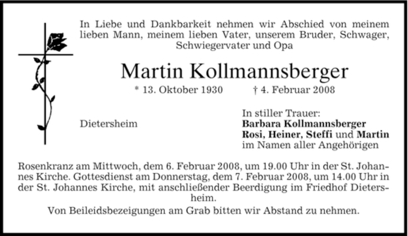  Traueranzeige für Martin Kollmannsberger vom 06.02.2008 aus MERKUR & TZ