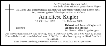 Traueranzeige von Anneliese Kugler von HOLZKIRCHENER MERKUR