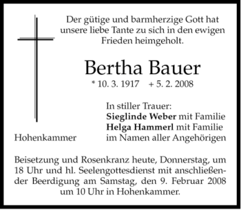 Traueranzeige von Bertha Bauer von MERKUR & TZ
