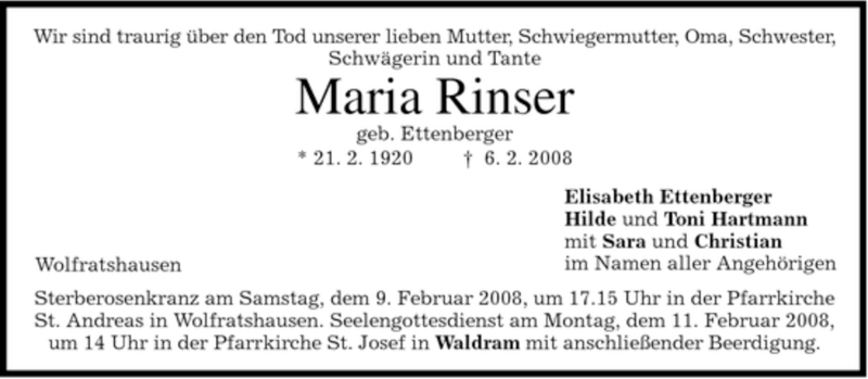  Traueranzeige für Maria Rinser vom 08.02.2008 aus MERKUR & TZ