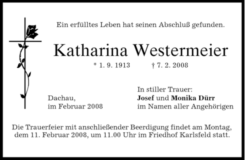  Traueranzeige für Katharina Westermeier vom 09.02.2008 aus HOLZKIRCHENER MERKUR