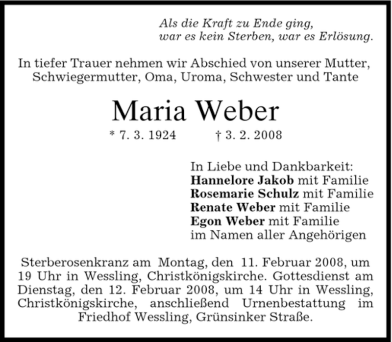  Traueranzeige für Maria Weber vom 09.02.2008 aus MERKUR & TZ