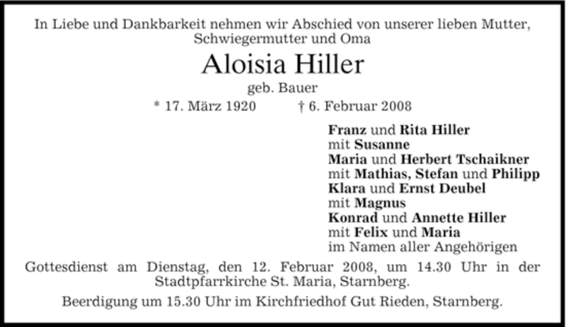  Traueranzeige für Aloisia Hiller vom 09.02.2008 aus MERKUR & TZ