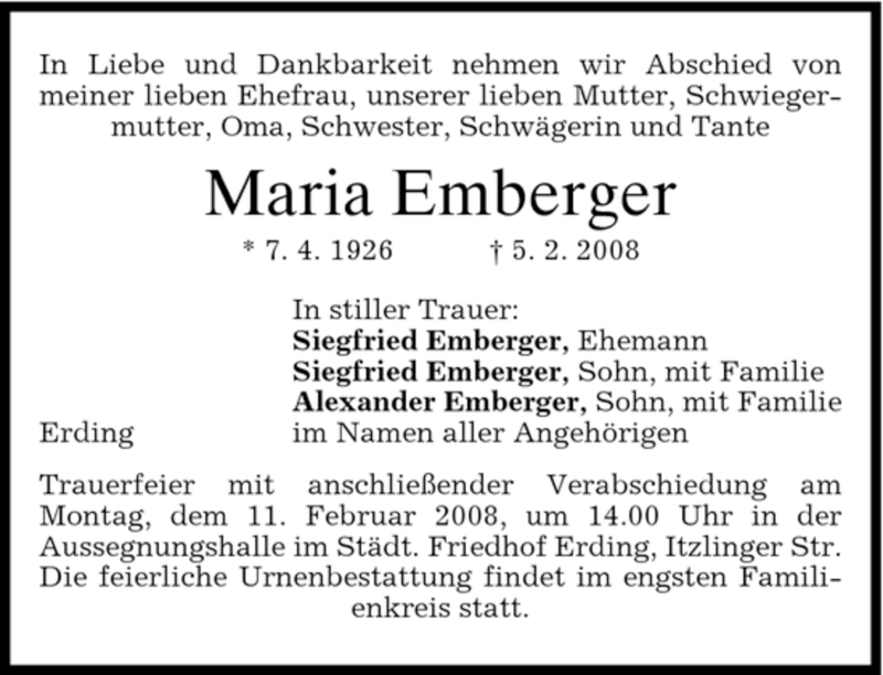  Traueranzeige für Maria Emberger vom 09.02.2008 aus MERKUR & TZ