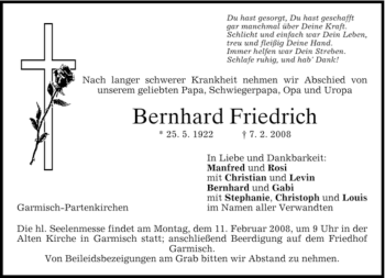 Traueranzeige von Bernhard Friedrich von MERKUR & TZ