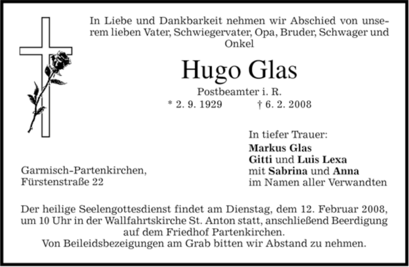  Traueranzeige für Hugo Glas vom 09.02.2008 aus MERKUR & TZ