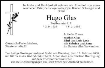 Traueranzeige von Hugo Glas von MERKUR & TZ