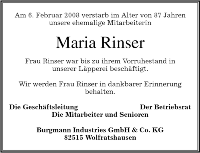  Traueranzeige für Maria Rinser vom 09.02.2008 aus MERKUR & TZ