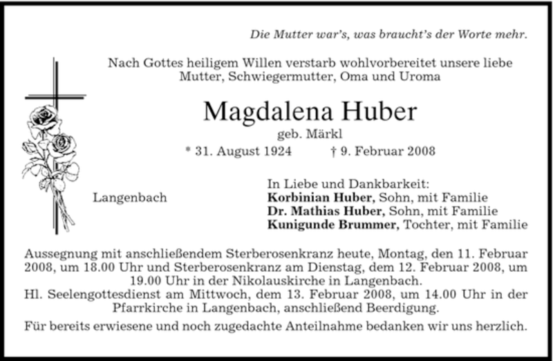  Traueranzeige für Magdalena Huber vom 11.02.2008 aus MERKUR & TZ