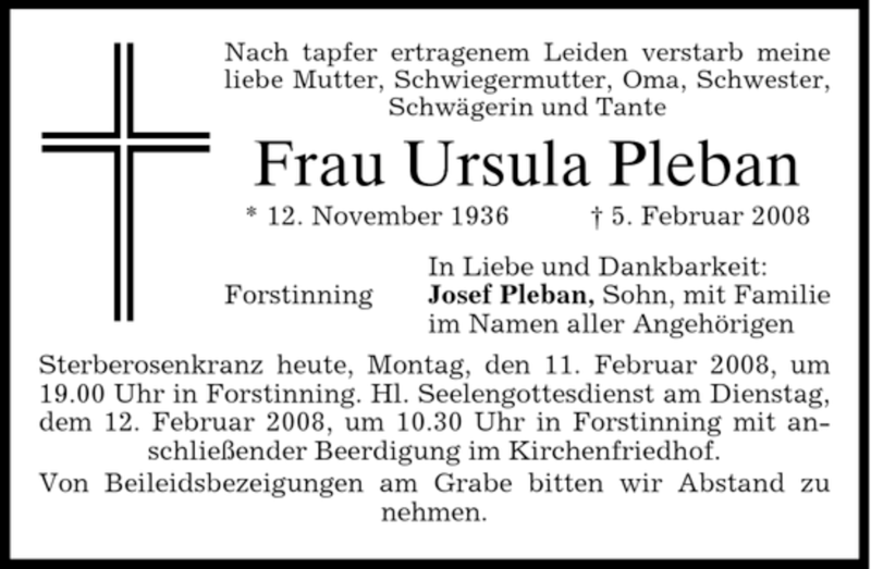  Traueranzeige für Ursula Pleban vom 11.02.2008 aus GARMISCH-PARTENK. TAGBLATT