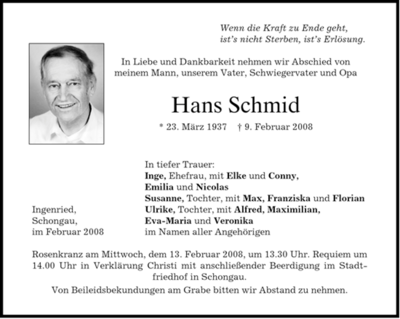  Traueranzeige für Hans Schmid vom 11.02.2008 aus MERKUR & TZ