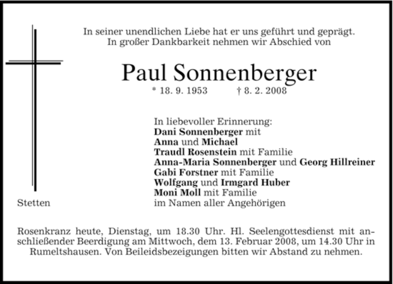  Traueranzeige für Paul Sonnenberger vom 12.02.2008 aus HOLZKIRCHENER MERKUR