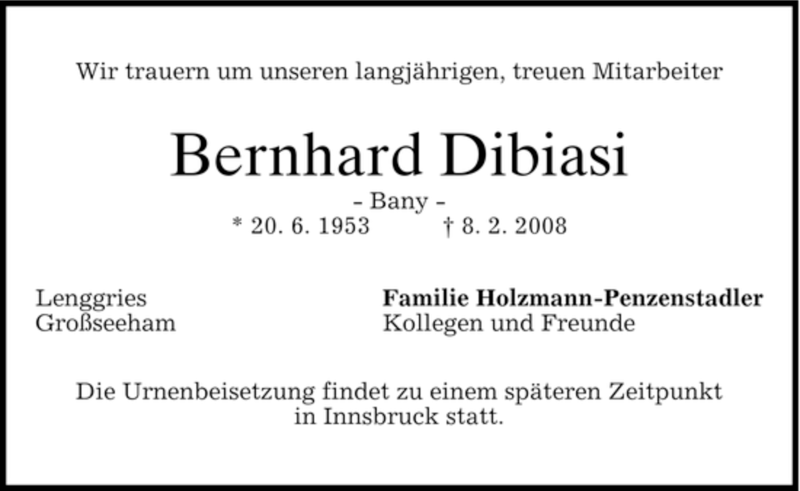  Traueranzeige für Bernhard Dibiasi vom 13.02.2008 aus MERKUR & TZ