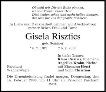 Traueranzeige von Gisela Risztics von MERKUR & TZ