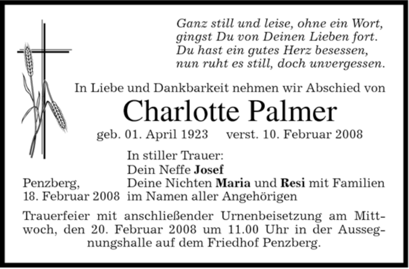  Traueranzeige für Charlotte Palmer vom 18.02.2008 aus MERKUR & TZ
