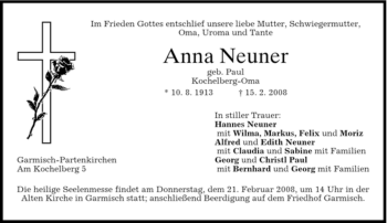 Traueranzeige von Anna Neuner von MERKUR & TZ