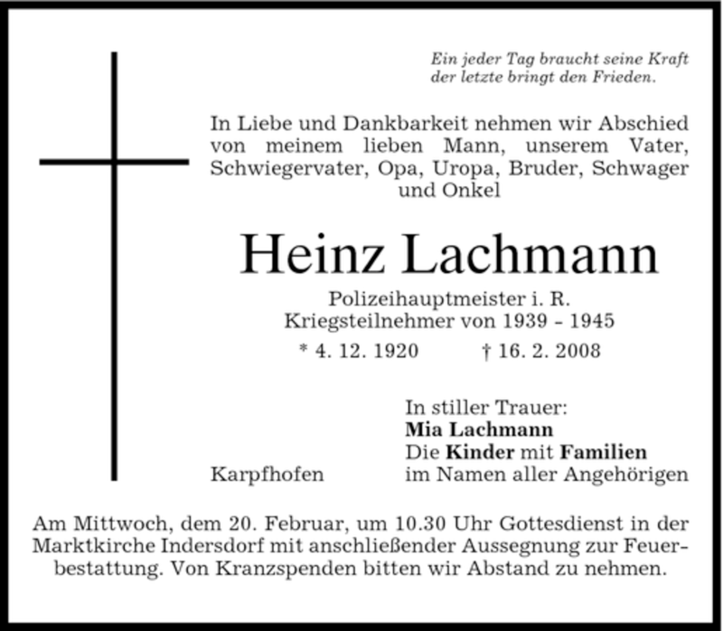  Traueranzeige für Heinz Lachmann vom 19.02.2008 aus HOLZKIRCHENER MERKUR