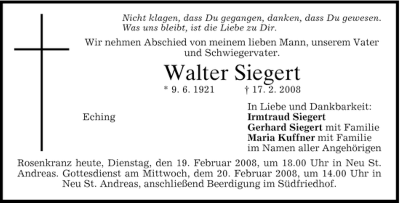  Traueranzeige für Walter Siegert vom 19.02.2008 aus MERKUR & TZ
