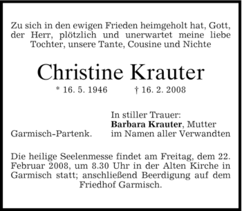 Traueranzeige von Christine Krauter von MERKUR & TZ