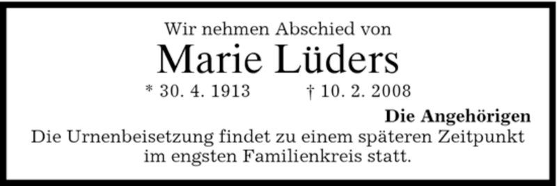  Traueranzeige für Marie Lüders vom 22.02.2008 aus MERKUR & TZ