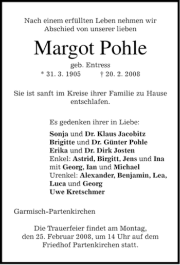 Traueranzeige von Margot Pohle von MERKUR & TZ