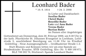 Traueranzeige von Leonhard Bader von DORFENER NACHRICHTEN
