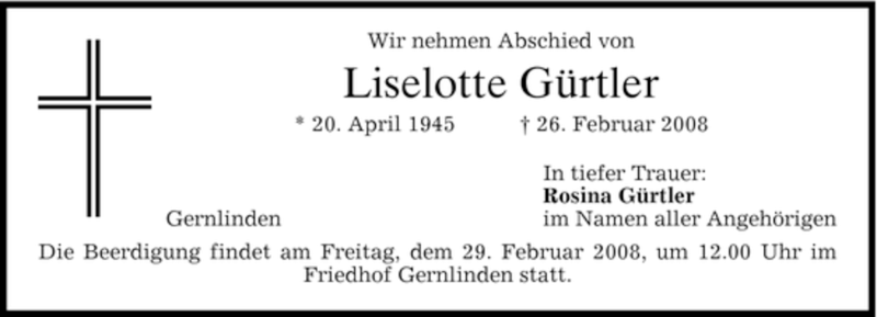  Traueranzeige für Liselotter Gürtler vom 28.02.2008 aus MERKUR & TZ