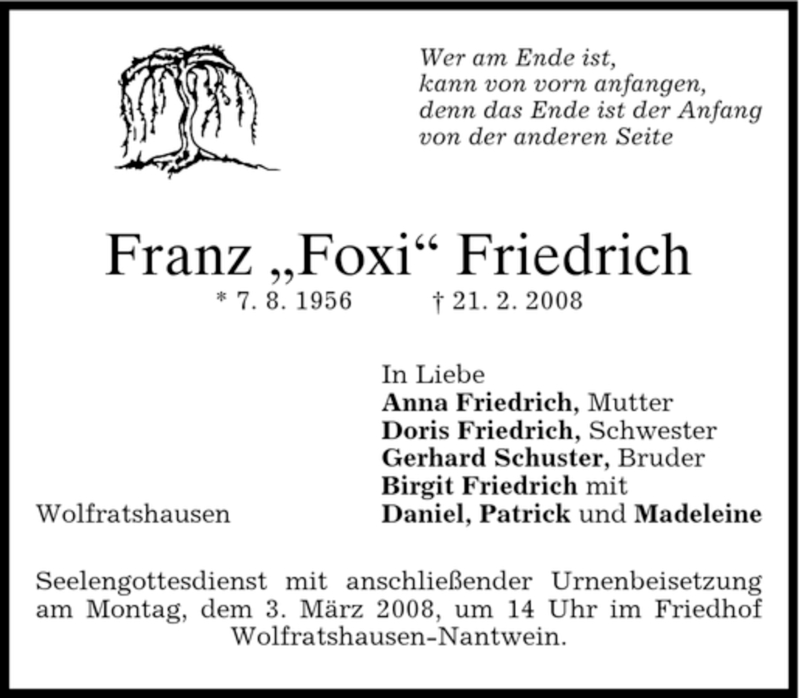  Traueranzeige für Franz Friedrich vom 29.02.2008 aus MERKUR & TZ