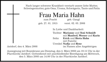 Traueranzeige von Maria Hahn von MERKUR & TZ