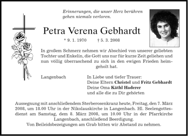  Traueranzeige für Petra Verena Gebhardt vom 07.03.2008 aus MERKUR & TZ