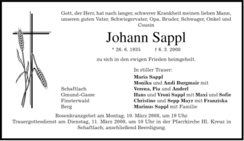 Traueranzeige von Johann Sappl von MERKUR & TZ