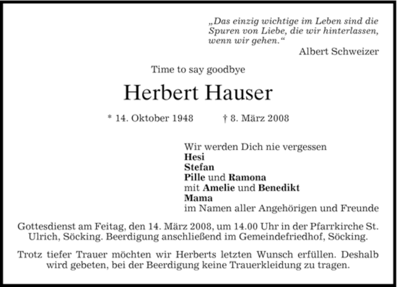  Traueranzeige für Herbert Hauser vom 11.03.2008 aus MERKUR & TZ