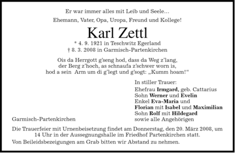  Traueranzeige für Karl Zettl vom 15.03.2008 aus MERKUR & TZ