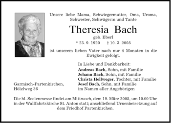 Traueranzeige von Theresia Bach von MERKUR & TZ
