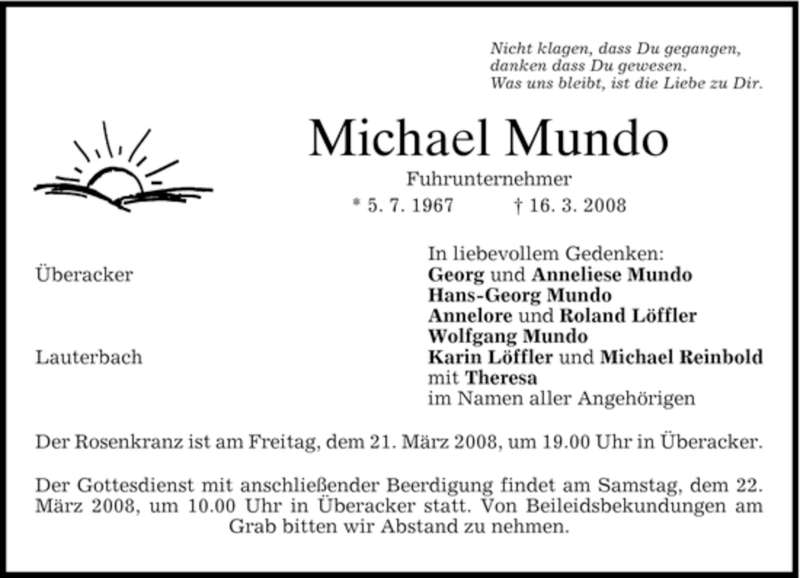  Traueranzeige für Michael Mundo vom 19.03.2008 aus MERKUR & TZ