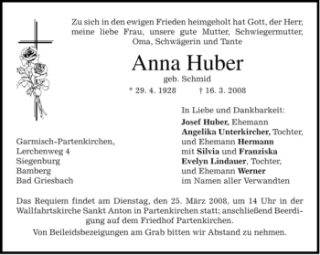 Traueranzeige von Anna Huber von MERKUR & TZ