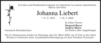 Traueranzeige von Johanna Liebert von MERKUR & TZ