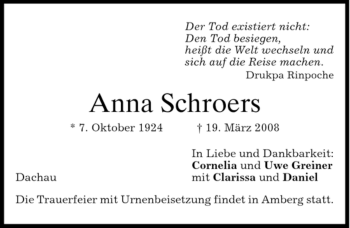 Traueranzeigen von Anna Schroers | trauer.merkur.de