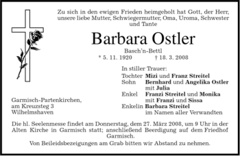 Traueranzeige von Barbara Ostler von MERKUR & TZ