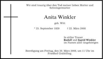 Traueranzeige von Anita Winkler von MERKUR & TZ