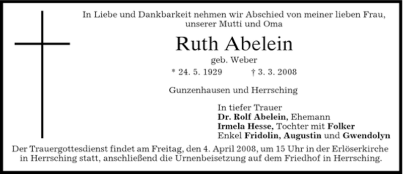  Traueranzeige für Ruth Abelein vom 28.03.2008 aus MERKUR & TZ