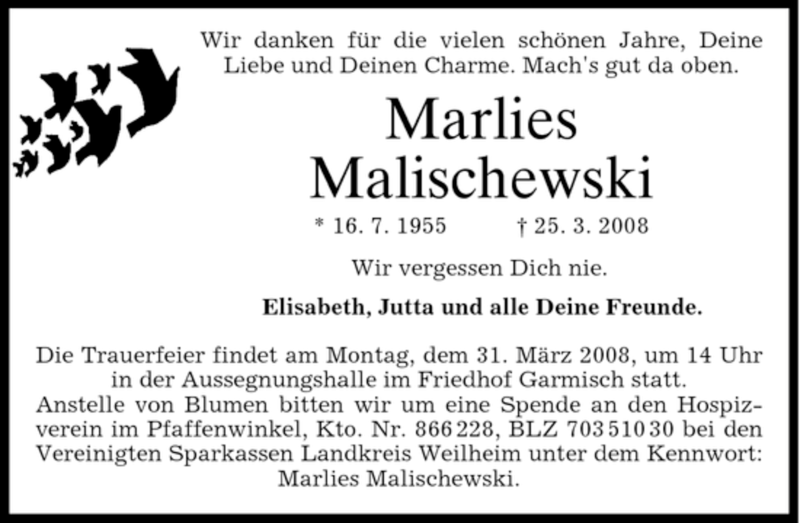  Traueranzeige für Marlies Malilschewski vom 28.03.2008 aus MERKUR & TZ
