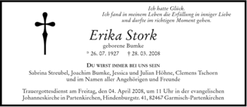 Traueranzeige von Erika Stork von DORFENER NACHRICHTEN