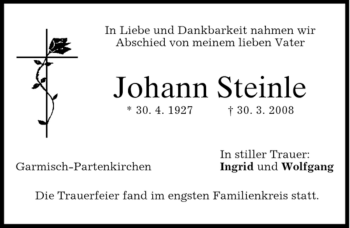 Traueranzeige von Johann Steinle von MERKUR & TZ
