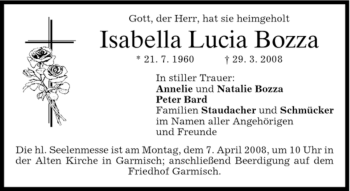 Traueranzeige von Isabella Lucia Bozza von MERKUR & TZ