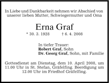 Traueranzeige von Erna Graf von DORFENER NACHRICHTEN