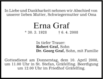 Traueranzeige von Erna Graf von DORFENER NACHRICHTEN