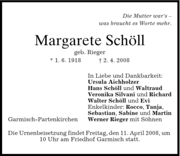 Traueranzeige von Margarete Schöll von MERKUR & TZ